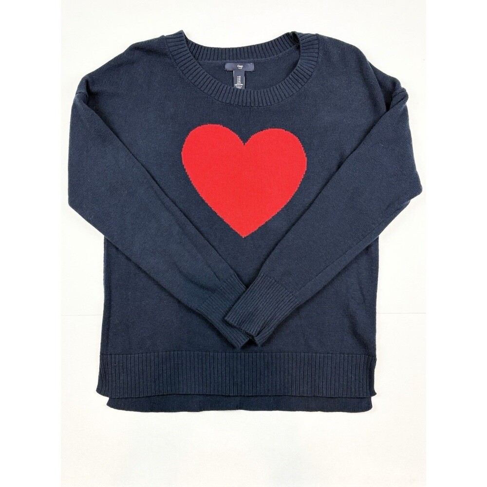 GAP MED Women's Sweater Heart Navy Blue Twee Preppy Coastal Love Crew Neck